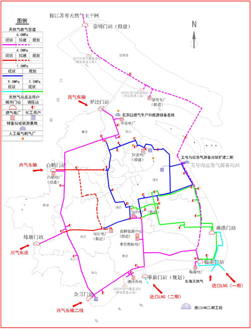 上海市天然氣主干管網(wǎng)和重點設施“十二五”規(guī)劃示意圖